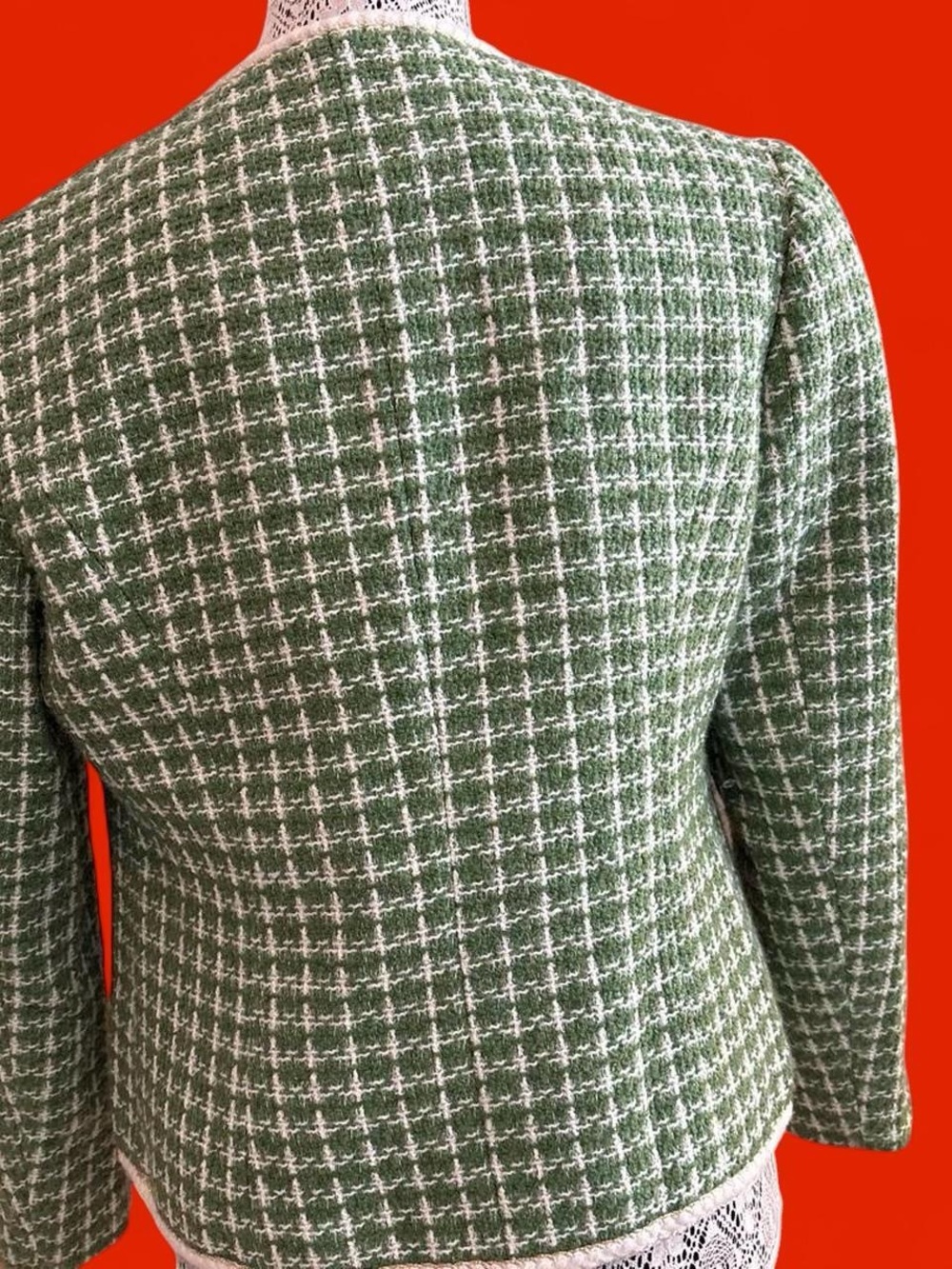 Green Tweed Button-Front Jacket with Cream Trim - Picture 6 of 7